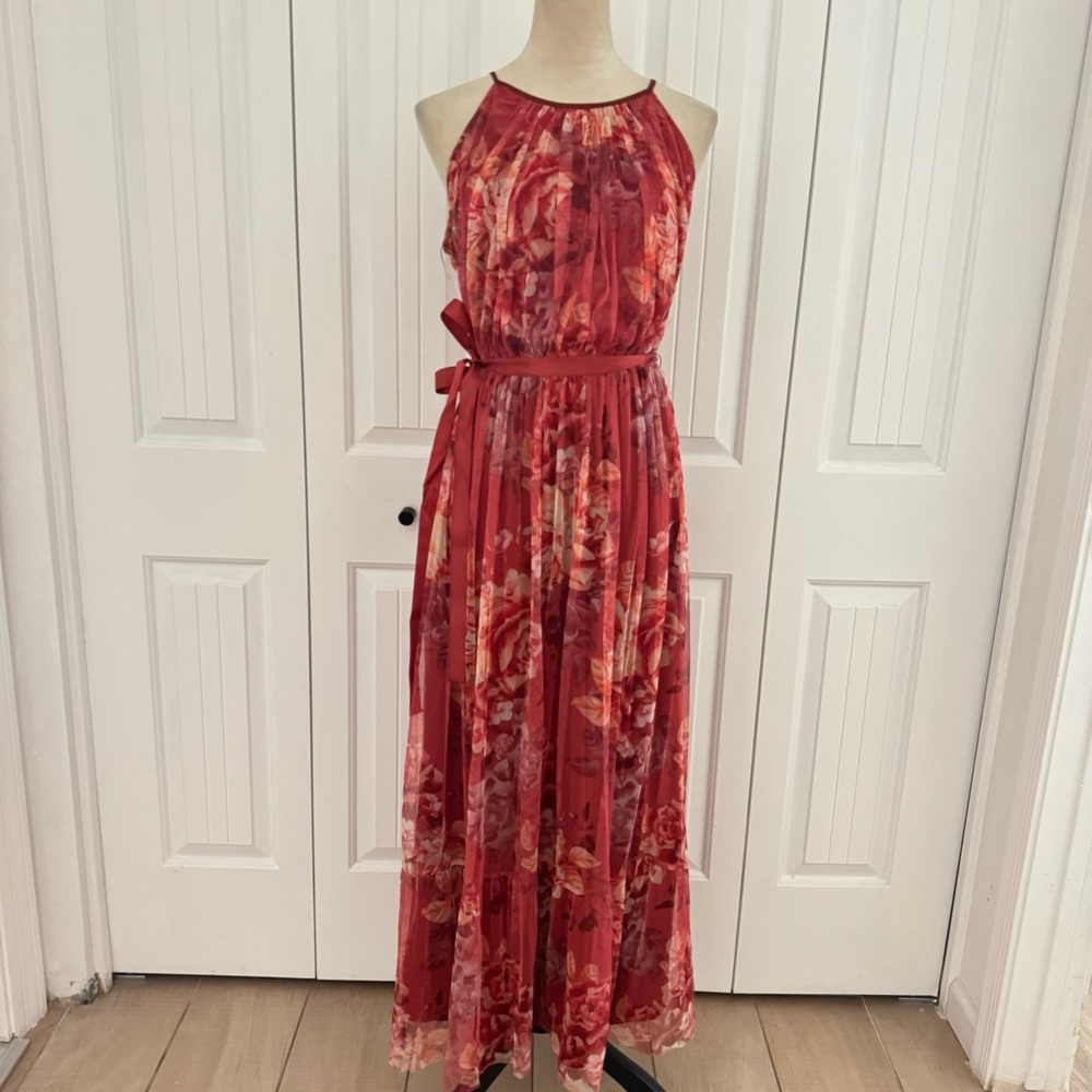 Candalite Red Floral Halter Maxi Dress with Waist Tie Size Medium